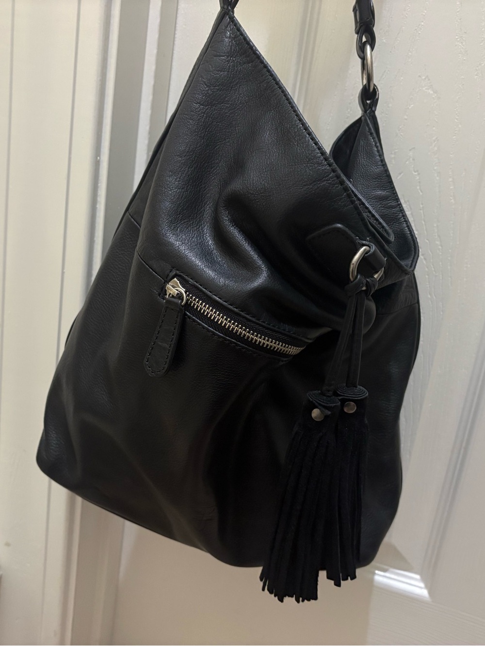 Frye Genuine Black Leather Hobo Bag with Tassel Accent